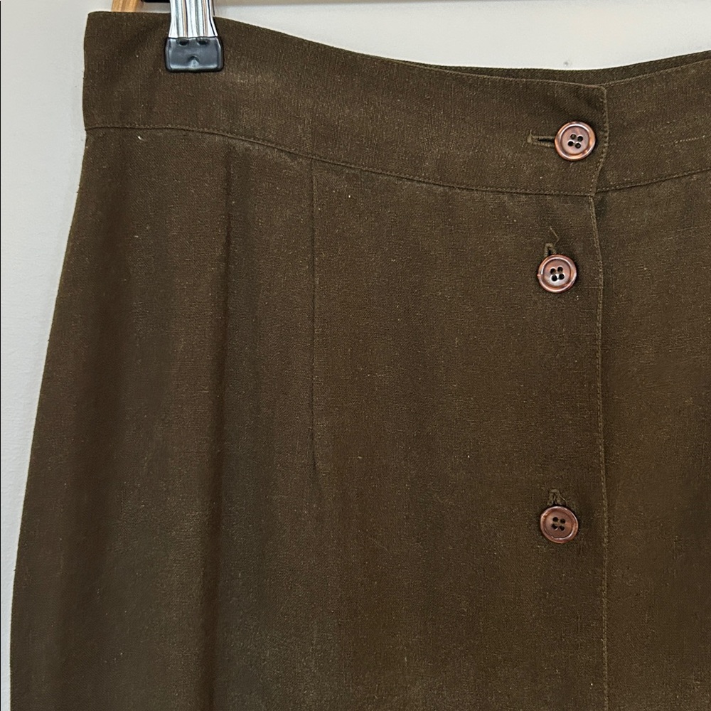 Vintage Dark Green 100% Raw Silk Button-Down Long Skirt